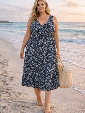 NWT Lands’ End Floral Midi Dress 2X Navy White Beachy Sleeveless Stretch Flowy
